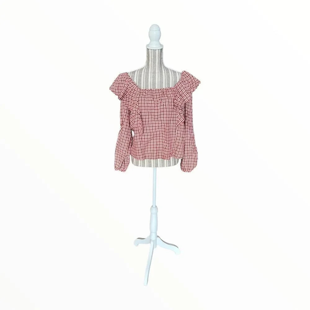 J CREW FACTORY | Dusty Ivory Brick Red | FLANNEL SQUARENECK RUFFLE TOP - Picture 8 of 11